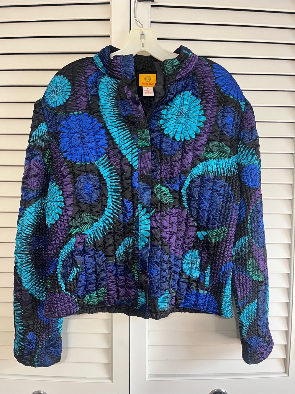 Ruby Rd. Quilted Floral Puffer Zip Jacket in Blue, Teal & Purple